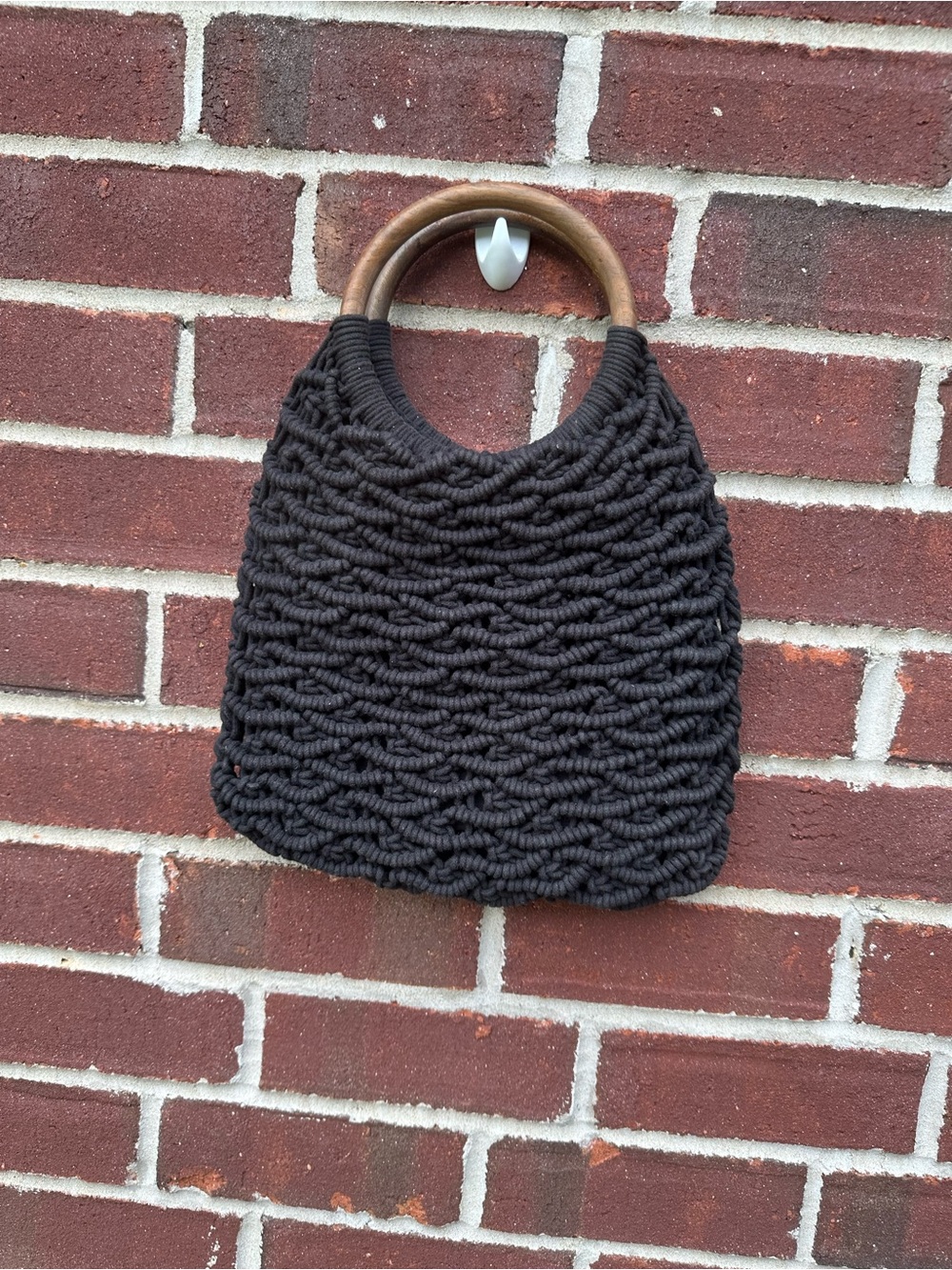 Sigrid Olsen Black Handwoven Purse Bag with Brown Wooden Handles